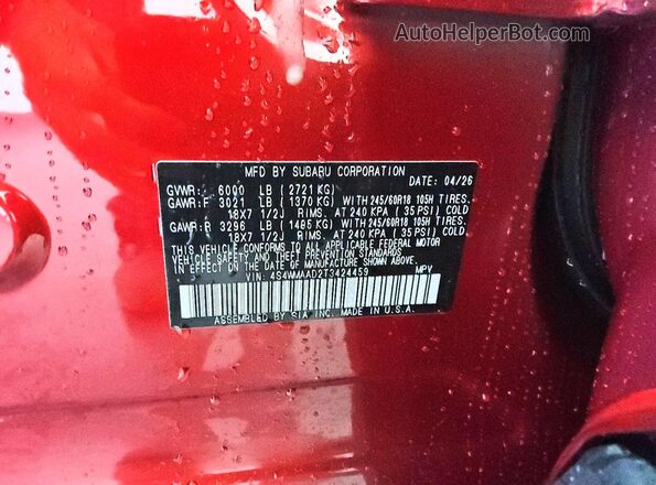 4S4WMAAD2T3424459 2026 SUBARU ASCENT Red VIN կոդի պիտակի տեսք