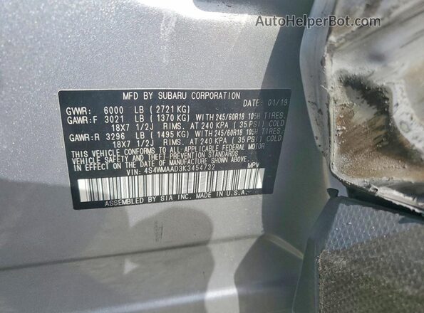 4S4WMAAD3K3454732 2019 SUBARU ASCENT Silver VIN კოდის სტიკერის ხედი