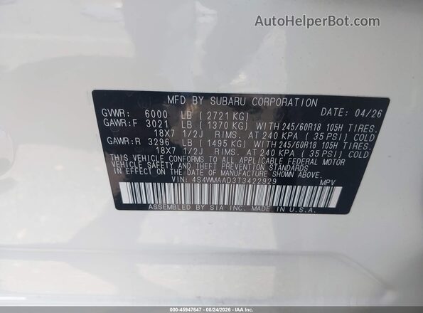 4S4WMAAD3T3422929 2026 SUBARU ASCENT White Vista del compartimento del motor