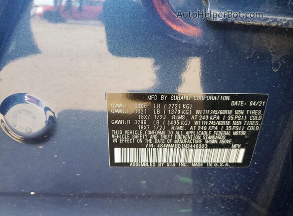4S4WMABD1M3446923 2021 SUBARU ASCENT Blue VIN sticker view