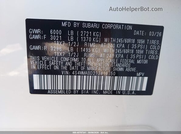 4S4WMABD2T3416750 2026 SUBARU ASCENT White Vista del compartimento del motor
