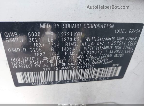 4S4WMABDXR3421557 2024 SUBARU ASCENT White Vista del compartimento del motor