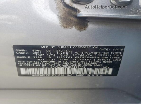 4S4WMACD0K3441367 2019 SUBARU ASCENT Silver Widok naklejki z numerem VIN