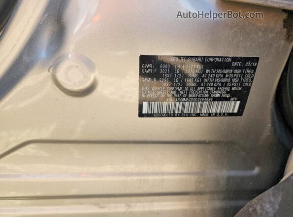 4S4WMACD0K3464096 2019 SUBARU ASCENT Silver Vista de la etiqueta del VIN