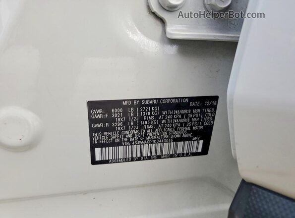 4S4WMACD1K3443046 2019 SUBARU ASCENT White Вид підкапотного простору