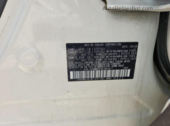 4S4WMACD1K3483417 2019 SUBARU ASCENT White VIN კოდის სტიკერის ხედი