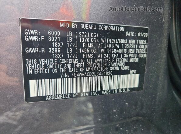 4S4WMACD2L3454820 2020 SUBARU ASCENT Gray Շարժիչի բաժամունքի տեսք