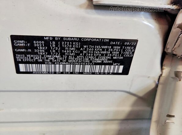 4S4WMACD3N3464047 2022 SUBARU ASCENT White VIN კოდის სტიკერის ხედი