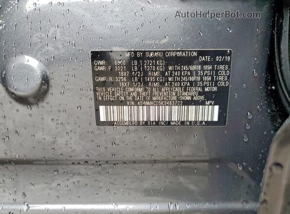 4S4WMACD5K3463722 2019 SUBARU ASCENT Charcoal Вид наклейки з VIN-кодом