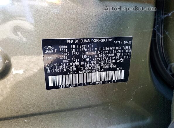 4S4WMAED1P3402758 2023 SUBARU ASCENT Green Widok naklejki z numerem VIN