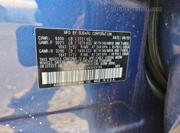 4S4WMAED2N3463100 2022 SUBARU ASCENT Blue სალონის 360-გრადუსიანი ხედი