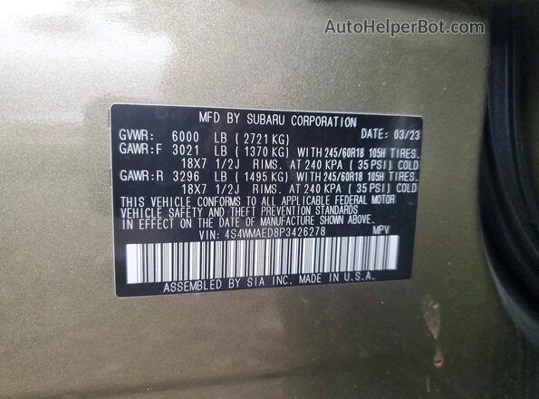 4S4WMAED8P3426278 2023 SUBARU ASCENT Green VIN կոդի պիտակի տեսք