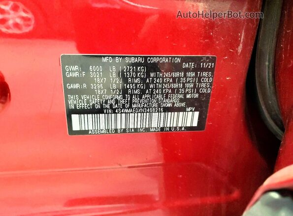 4S4WMAEDXN3408216 2022 SUBARU ASCENT Красный Вид подкапотного пространства