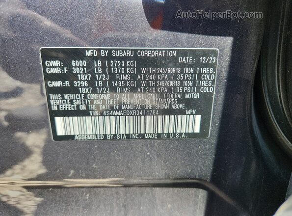4S4WMAEDXR3411784 2024 SUBARU ASCENT Black Vista de la etiqueta del VIN