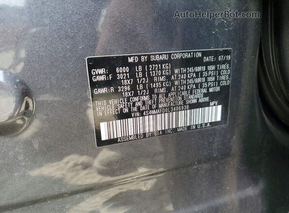 4S4WMAFD0L3406938 2020 SUBARU ASCENT Gray Vista de la etiqueta del VIN