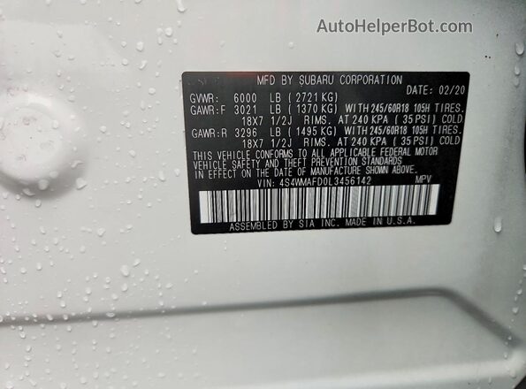 4S4WMAFD0L3456142 2020 SUBARU ASCENT White VIN կոդի պիտակի տեսք