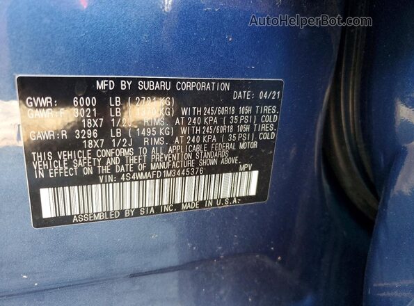 4S4WMAFD1M3445376 2021 SUBARU ASCENT Blue Vista del compartimento del motor