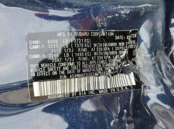 4S4WMAFD3S3416569 2025 SUBARU ASCENT Blue Vista de la etiqueta del VIN