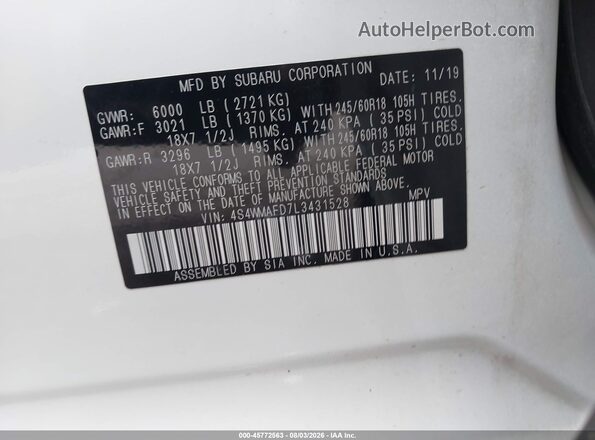 4S4WMAFD7L3431528 2020 SUBARU ASCENT White Вид підкапотного простору