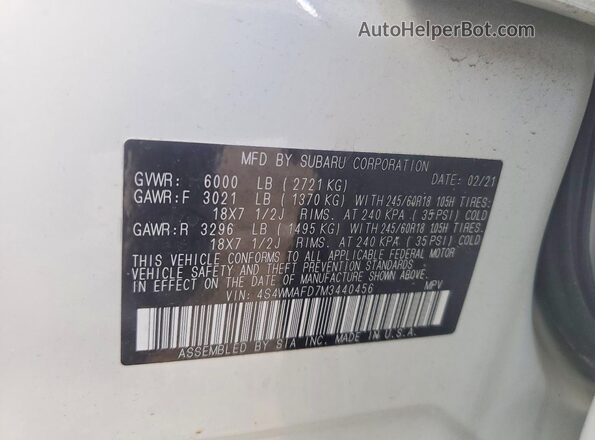 4S4WMAFD7M3440456 2021 SUBARU ASCENT White VIN կոդի պիտակի տեսք