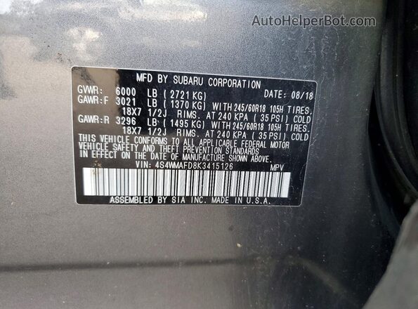 4S4WMAFD8K3415126 2019 SUBARU ASCENT Gray VIN sticker view