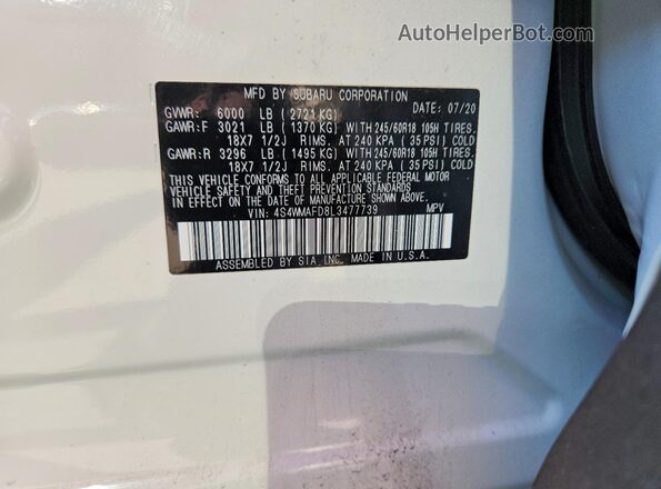 4S4WMAFD8L3477739 2020 SUBARU ASCENT White Вид підкапотного простору