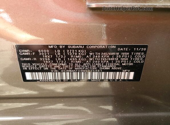 4S4WMAFD8M3425481 2021 SUBARU ASCENT Tan VIN կոդի պիտակի տեսք