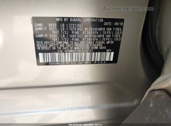 4S4WMAFD9K3418763 2019 SUBARU ASCENT Silver Engine compartment view