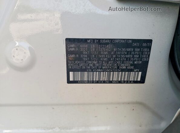 4S4WMAFDXM3470034 2021 SUBARU ASCENT White Вид наклейки з VIN-кодом