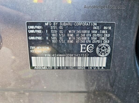 4S4WMAGD9K3427557 2019 SUBARU ASCENT Gray Widok naklejki z numerem VIN