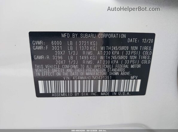 4S4WMAHD7M3431351 2021 SUBARU ASCENT Белый Вид подкапотного пространства