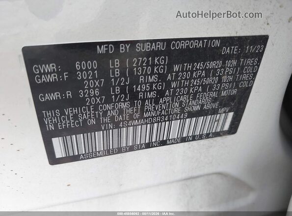 4S4WMAHD8R3410449 2024 SUBARU ASCENT White Engine compartment view