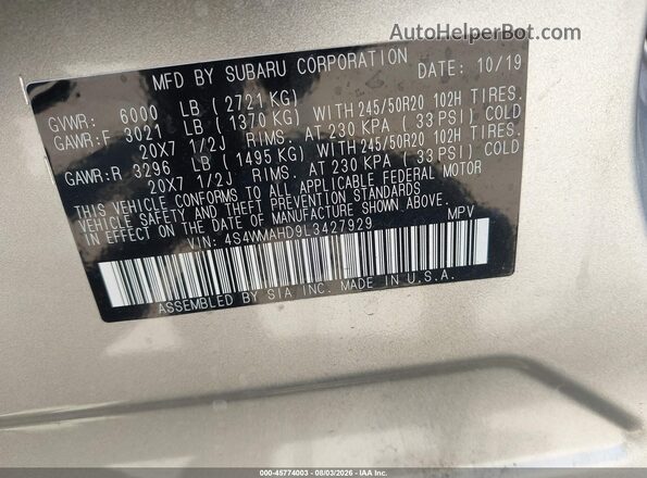 4S4WMAHD9L3427929 2020 SUBARU ASCENT Gold Widok komory silnika