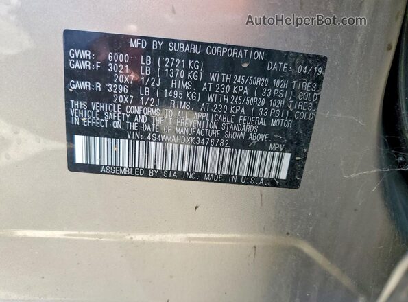 4S4WMAHDXK3476782 2019 SUBARU ASCENT Beige Vista interior de 360 grados