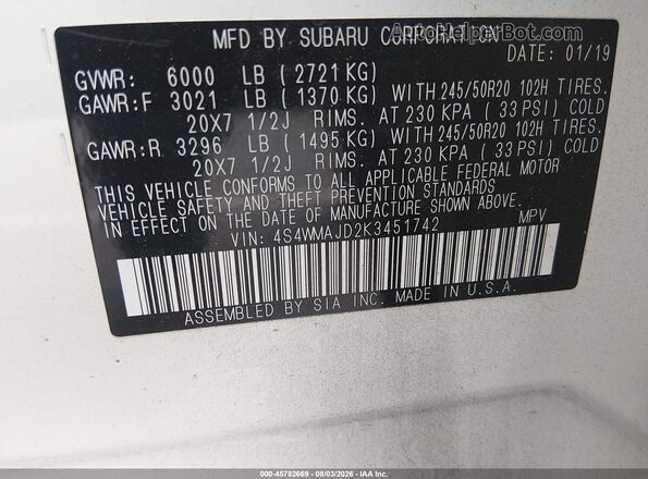 4S4WMAJD2K3451742 2019 SUBARU ASCENT White Engine compartment view