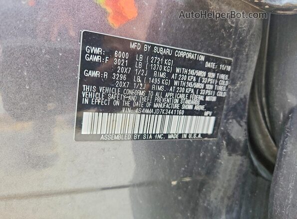 4S4WMAJD7K3441160 2019 SUBARU ASCENT Gray VIN კოდის სტიკერის ხედი