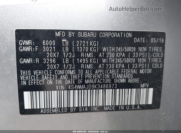 4S4WMAJD9K3486973 2019 SUBARU ASCENT Silver Widok komory silnika