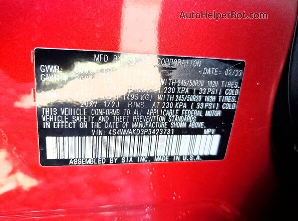 4S4WMAKD3P3423731 2023 SUBARU ASCENT Бордовый Панорамный вид салона 360°