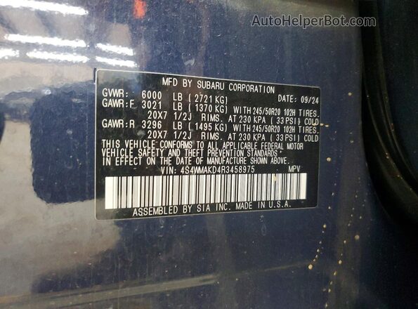 4S4WMAKD4R3458975 2024 SUBARU ASCENT Blue Vista de la etiqueta del VIN