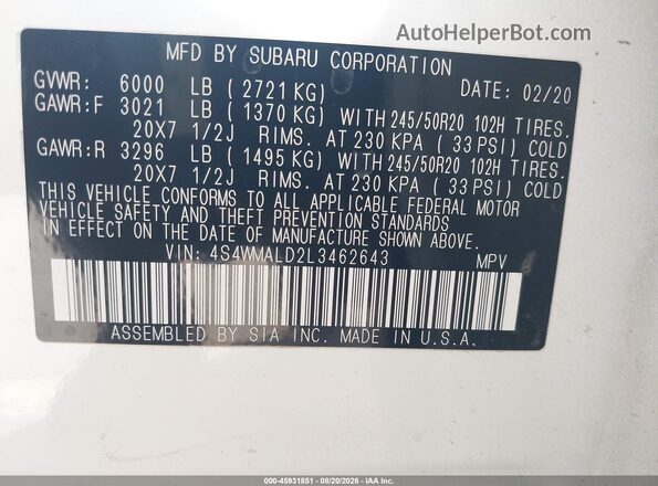 4S4WMALD2L3462643 2020 SUBARU ASCENT White ძრავის განყოფილების ხედი