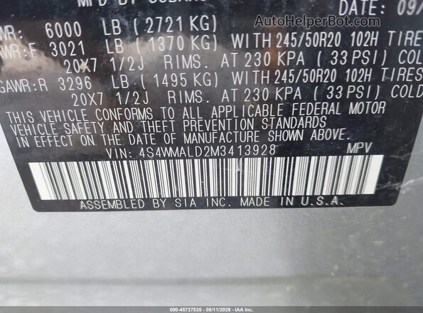4S4WMALD2M3413928 2021 SUBARU ASCENT Silver Vista del compartimento del motor
