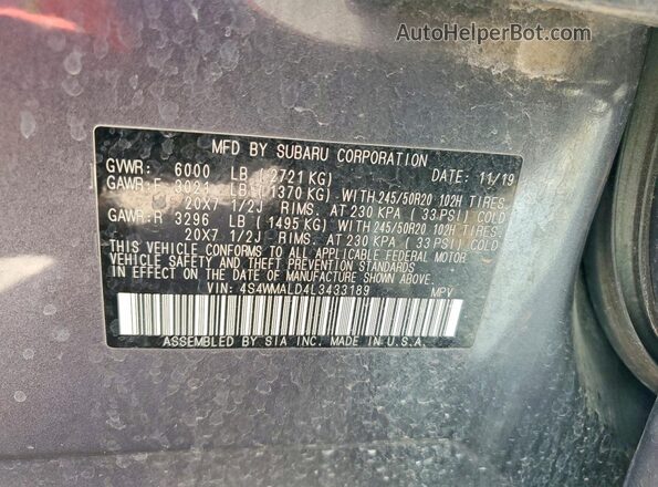 4S4WMALD4L3433189 2020 SUBARU ASCENT Серый Вид наклейки с VIN-кодом