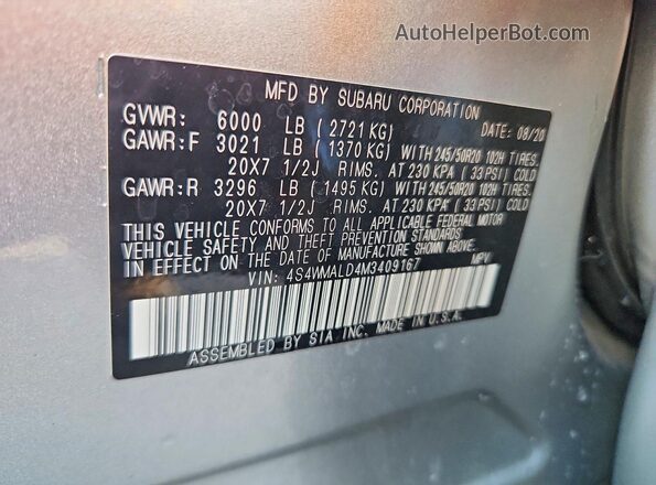 4S4WMALD4M3409167 2021 SUBARU ASCENT Silver VIN კოდის სტიკერის ხედი