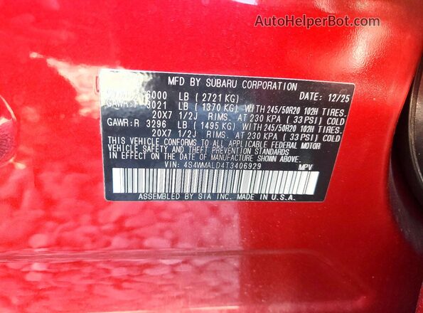 4S4WMALD4T3406929 2026 SUBARU ASCENT Burgundy VIN կոդի պիտակի տեսք