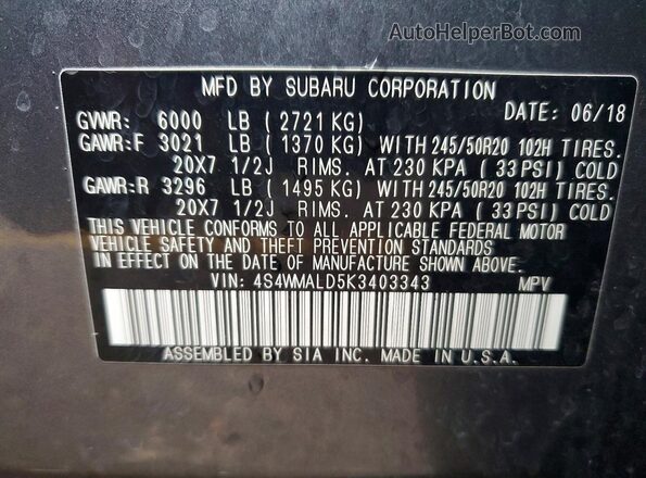 4S4WMALD5K3403343 2019 SUBARU ASCENT Gray Engine compartment view