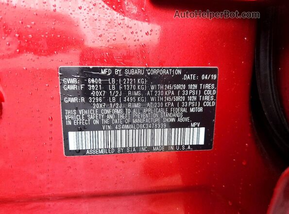 4S4WMALD6K3478939 2019 SUBARU ASCENT Red Widok naklejki z numerem VIN