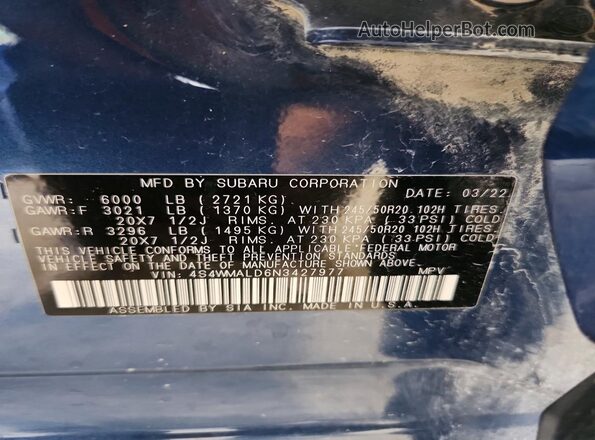 4S4WMALD6N3427977 2022 SUBARU ASCENT Синий Вид наклейки с VIN-кодом