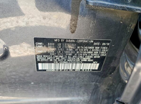4S4WMALD7K3415574 2019 SUBARU ASCENT Black Widok naklejki z numerem VIN