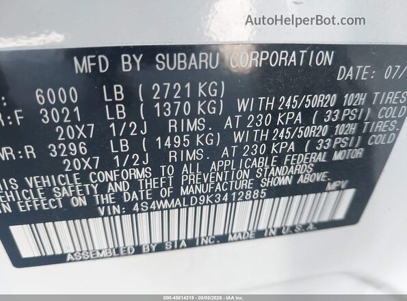 4S4WMALD9K3412885 2019 SUBARU ASCENT White Շարժիչի բաժամունքի տեսք