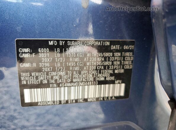 4S4WMAMD2M3448113 2021 SUBARU ASCENT Blue Vista interior de 360 grados